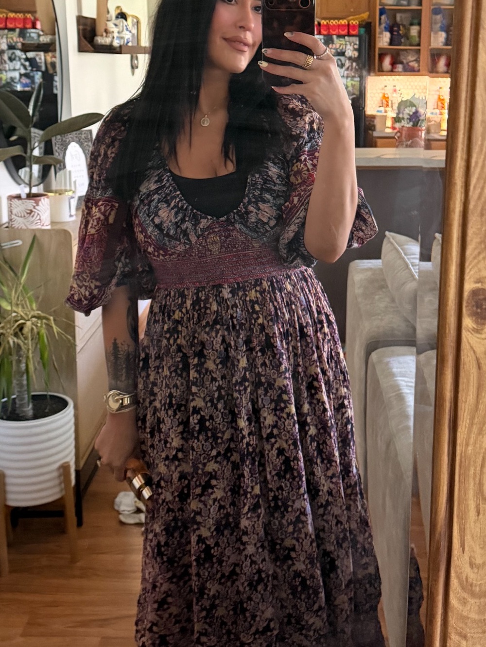 Free People Floral Puff-Sleeve Maxi Dress in Plum and Black